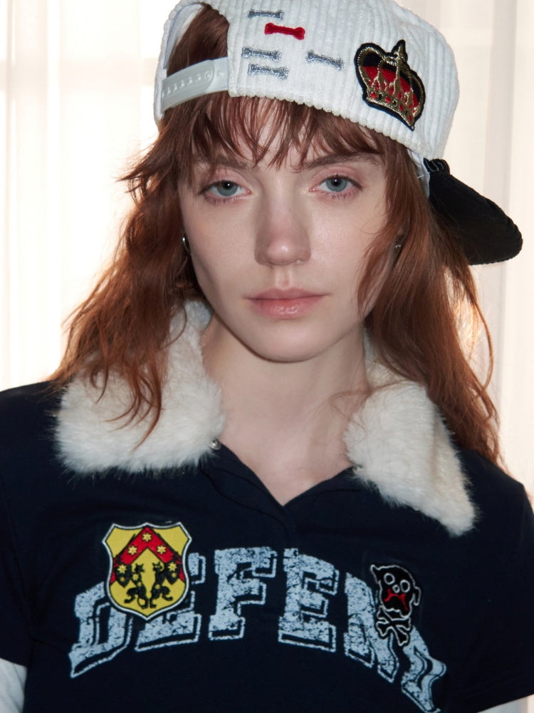 Faux Layered Polo Bunny Fur Collar Badge Long Sleeve Tops【s0000016005】