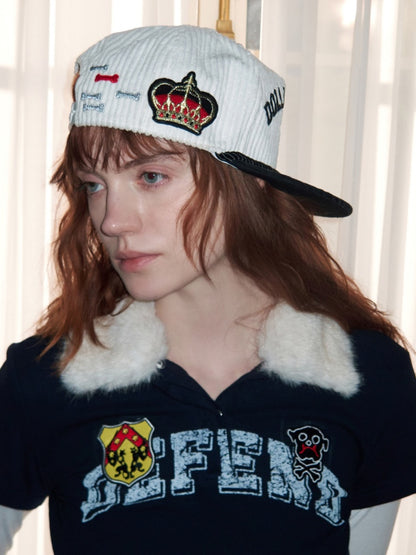 Faux Layered Polo Bunny Fur Collar Badge Long Sleeve Tops【s0000016005】