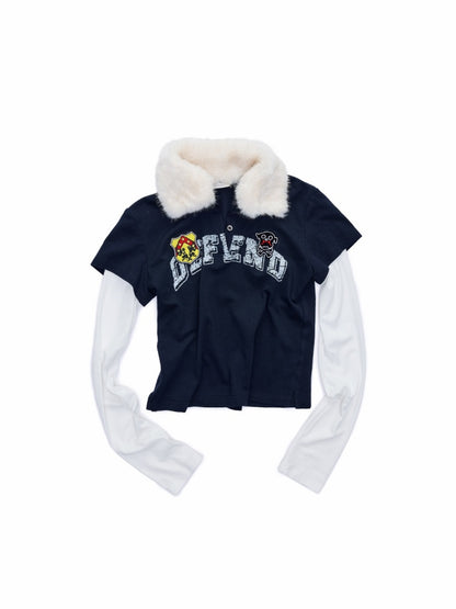 Faux Layered Polo Bunny Fur Collar Badge Long Sleeve Tops【s0000016005】