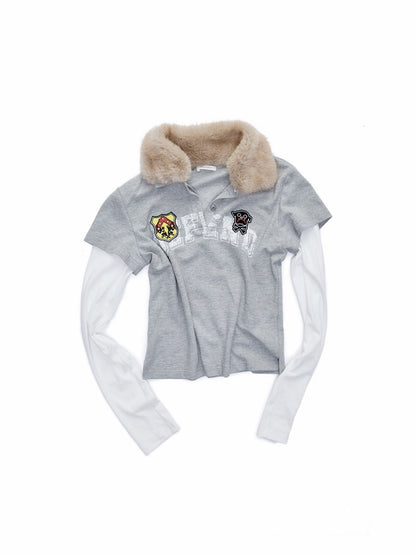 Faux Layered Polo Bunny Fur Collar Badge Long Sleeve Tops【s0000016005】