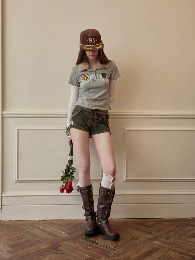 Faux Layered Polo Bunny Fur Collar Badge Long Sleeve Tops【s0000016005】