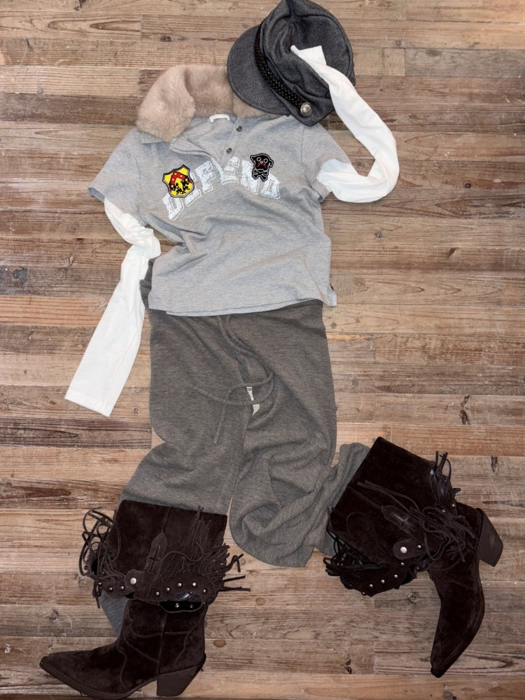 Faux Layered Polo Bunny Fur Collar Badge Long Sleeve Tops【s0000016005】