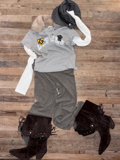 Faux Layered Polo Bunny Fur Collar Badge Long Sleeve Tops【s0000016005】