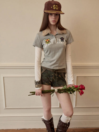 Faux Layered Polo Bunny Fur Collar Badge Long Sleeve Tops【s0000016005】