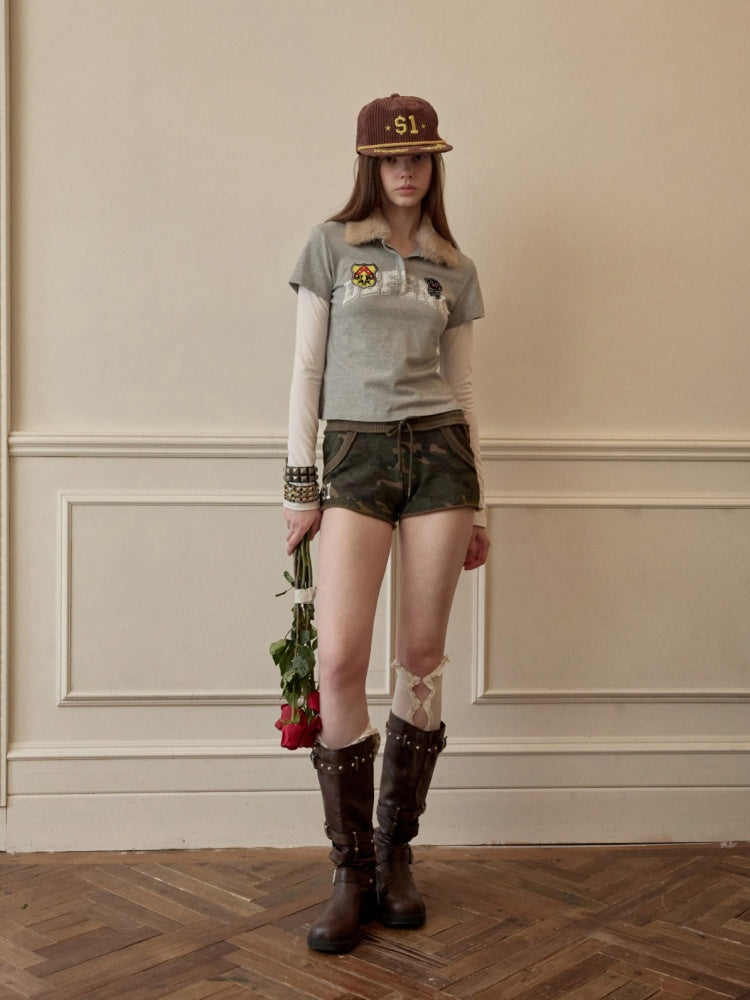Faux Layered Polo Bunny Fur Collar Badge Long Sleeve Tops【s0000016005】
