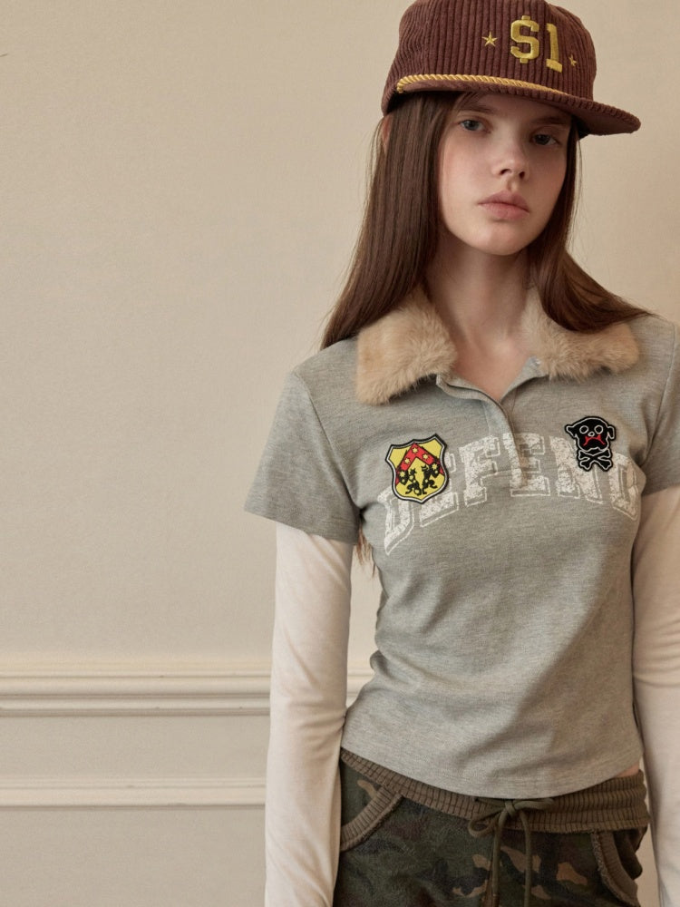 Faux Layered Polo Bunny Fur Collar Badge Long Sleeve Tops【s0000016005】