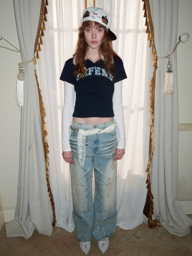 Faux Layered Polo Bunny Fur Collar Badge Long Sleeve Tops【s0000016005】
