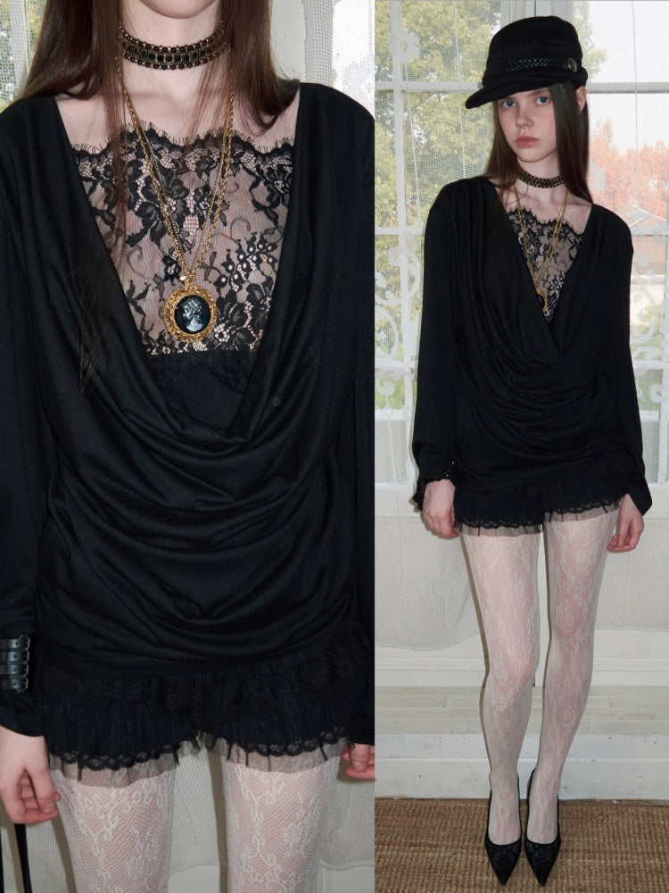 Faux Layered Lace Swing Collars Long Sleeve Base Shirts【s0000016006】