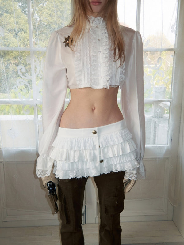 Lace Puff Sleeve Ultra-Short Shirt【s0000016007】