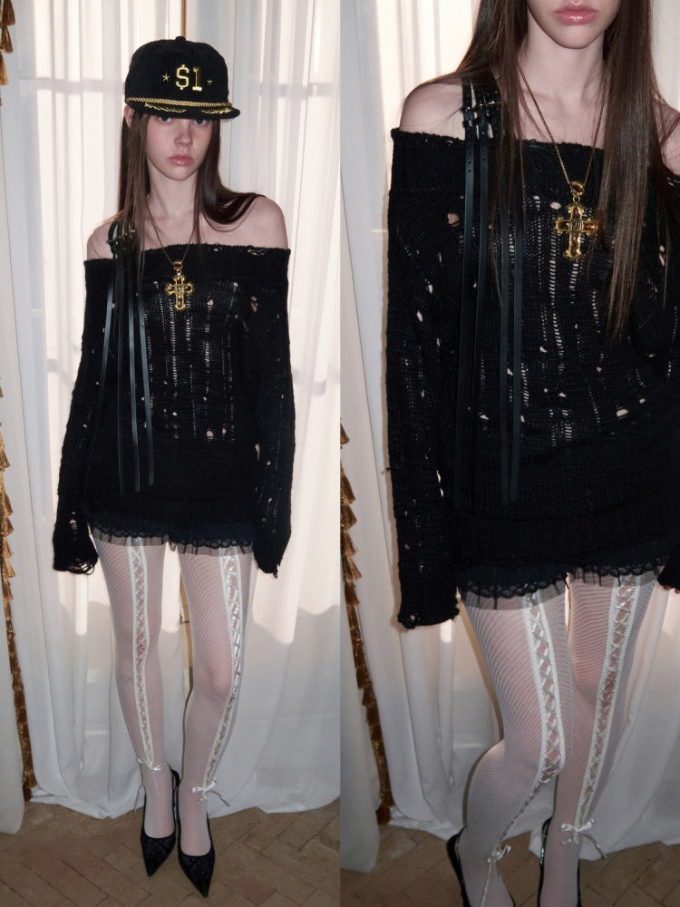 One-Shoulder Belt Cut-Out Cable Knit Sweater【s0000016008】