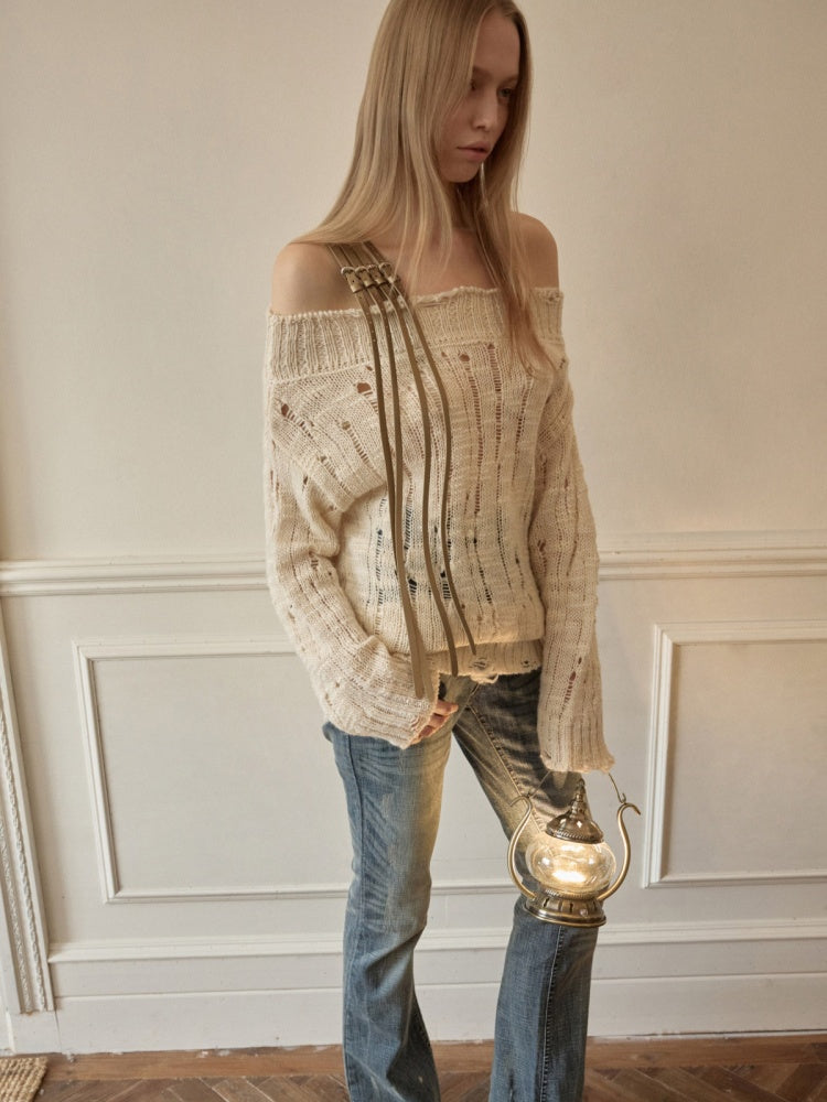 One-Shoulder Belt Cut-Out Cable Knit Sweater【s0000016008】