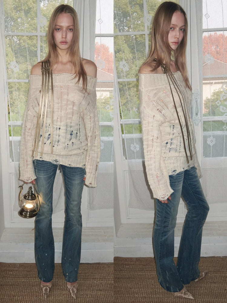 One-Shoulder Belt Cut-Out Cable Knit Sweater【s0000016008】