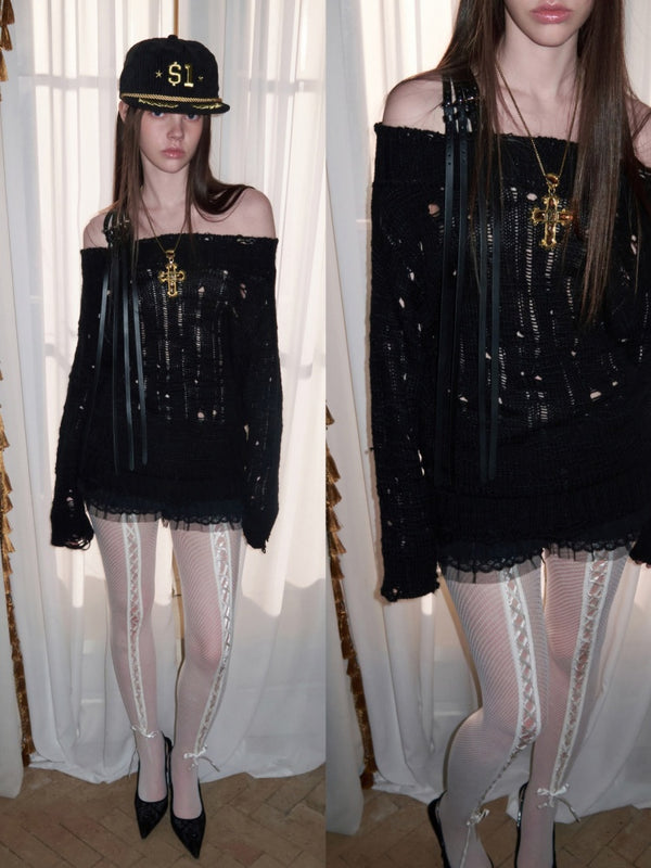 One-Shoulder Belt Cut-Out Cable Knit Sweater【s0000016008】