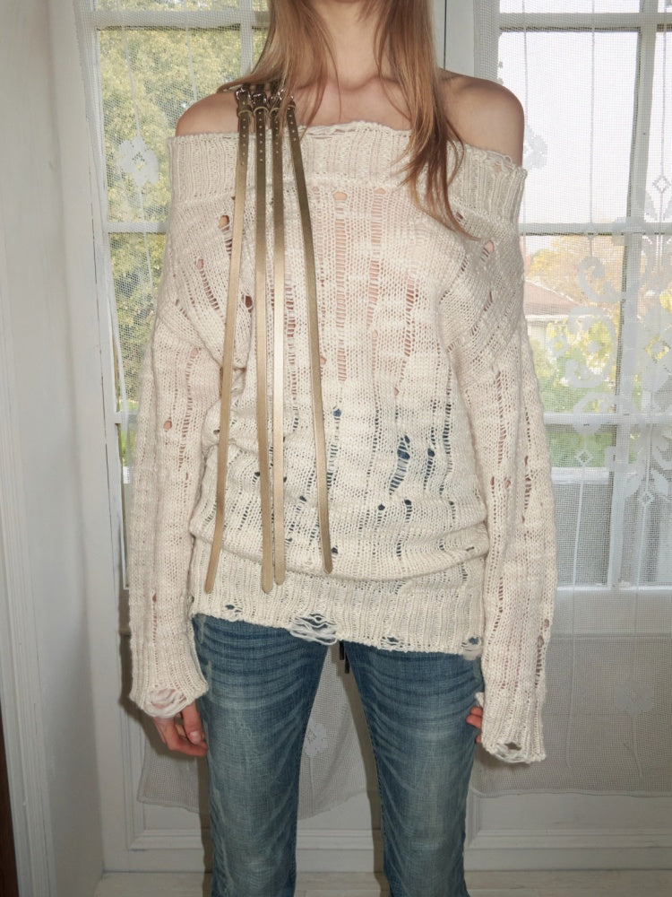 One-Shoulder Belt Cut-Out Cable Knit Sweater【s0000016008】