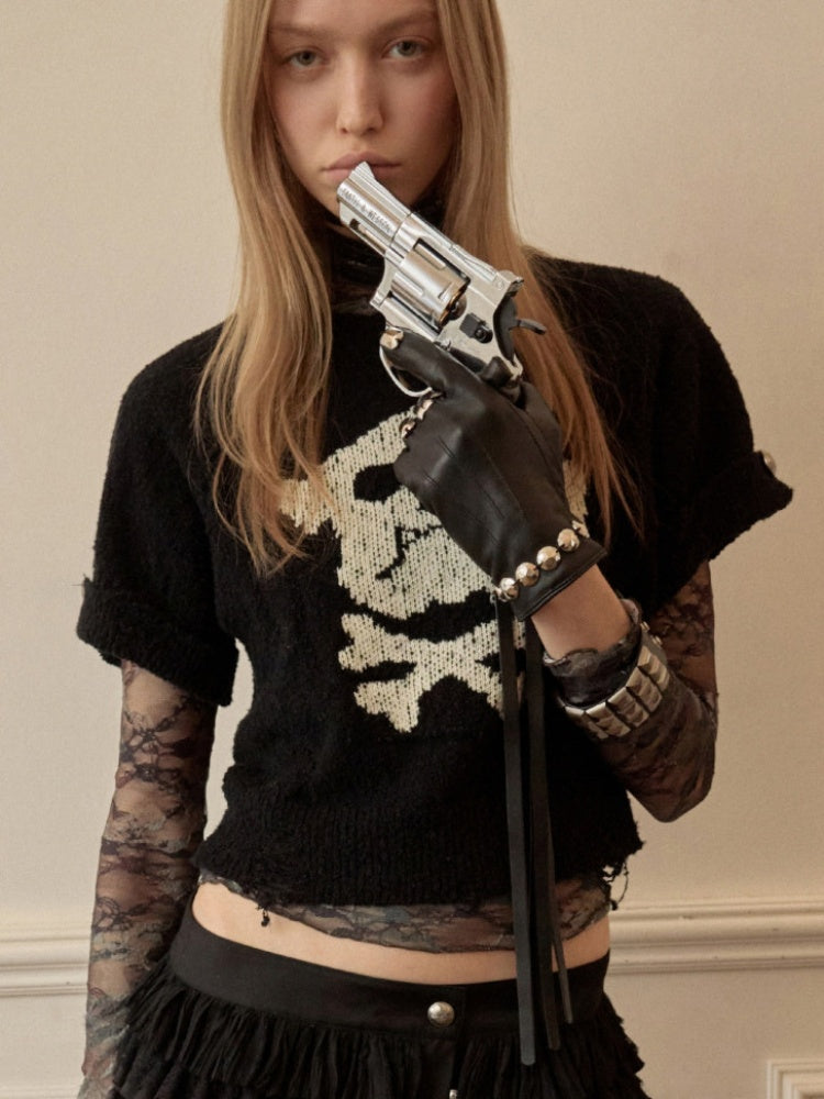 Dog Skull Distressed Knit Jacquard Short Sleeve Sweater【s0000016009】