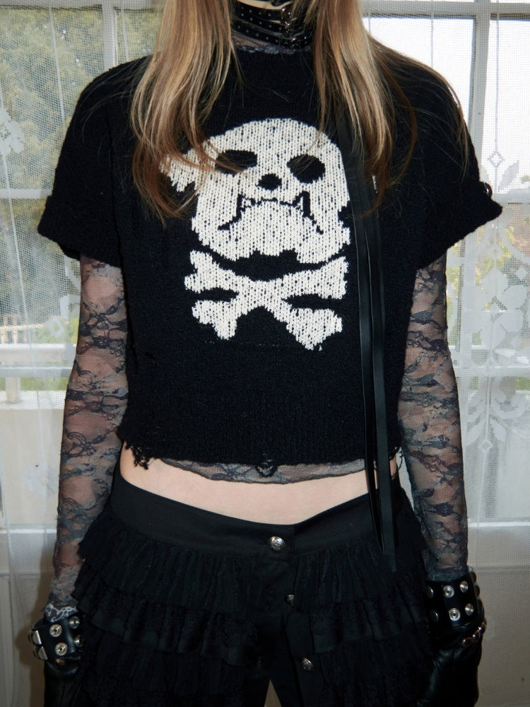 Dog Skull Distressed Knit Jacquard Short Sleeve Sweater【s0000016009】