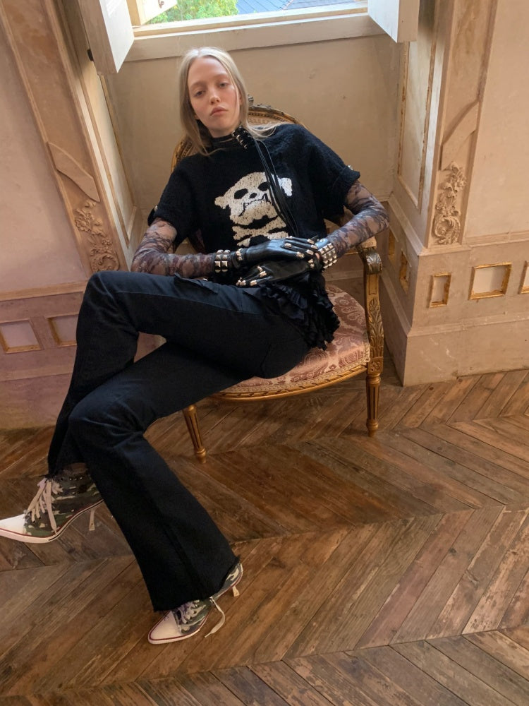 Dog Skull Distressed Knit Jacquard Short Sleeve Sweater【s0000016009】