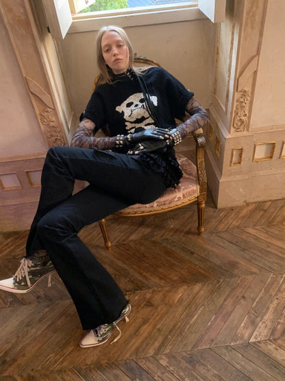 Dog Skull Distressed Knit Jacquard Short Sleeve Sweater【s0000016009】