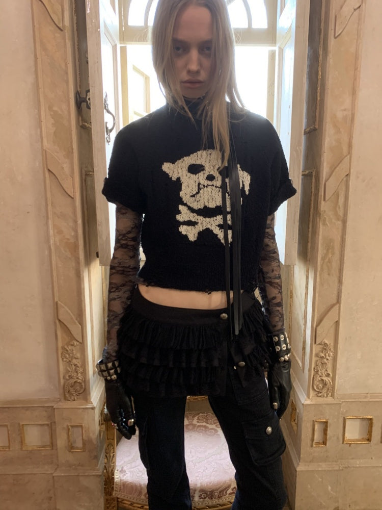 Dog Skull Distressed Knit Jacquard Short Sleeve Sweater【s0000016009】