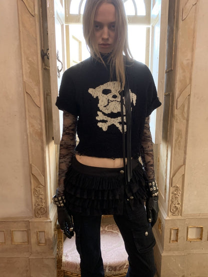 Dog Skull Distressed Knit Jacquard Short Sleeve Sweater【s0000016009】