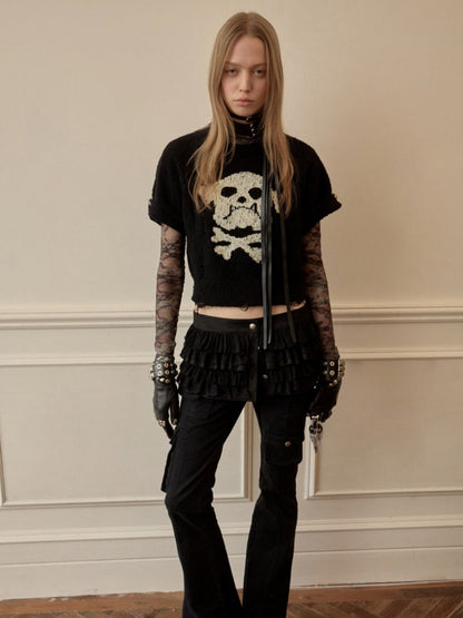 Dog Skull Distressed Knit Jacquard Short Sleeve Sweater【s0000016009】