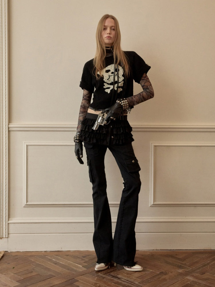 Dog Skull Distressed Knit Jacquard Short Sleeve Sweater【s0000016009】
