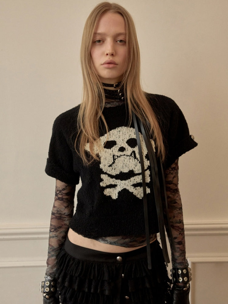 Dog Skull Distressed Knit Jacquard Short Sleeve Sweater【s0000016009】