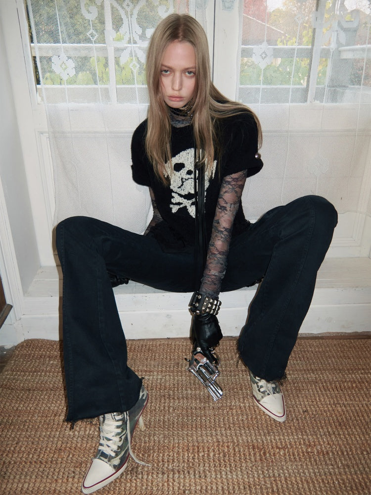Dog Skull Distressed Knit Jacquard Short Sleeve Sweater【s0000016009】