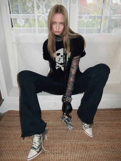 Dog Skull Distressed Knit Jacquard Short Sleeve Sweater【s0000016009】