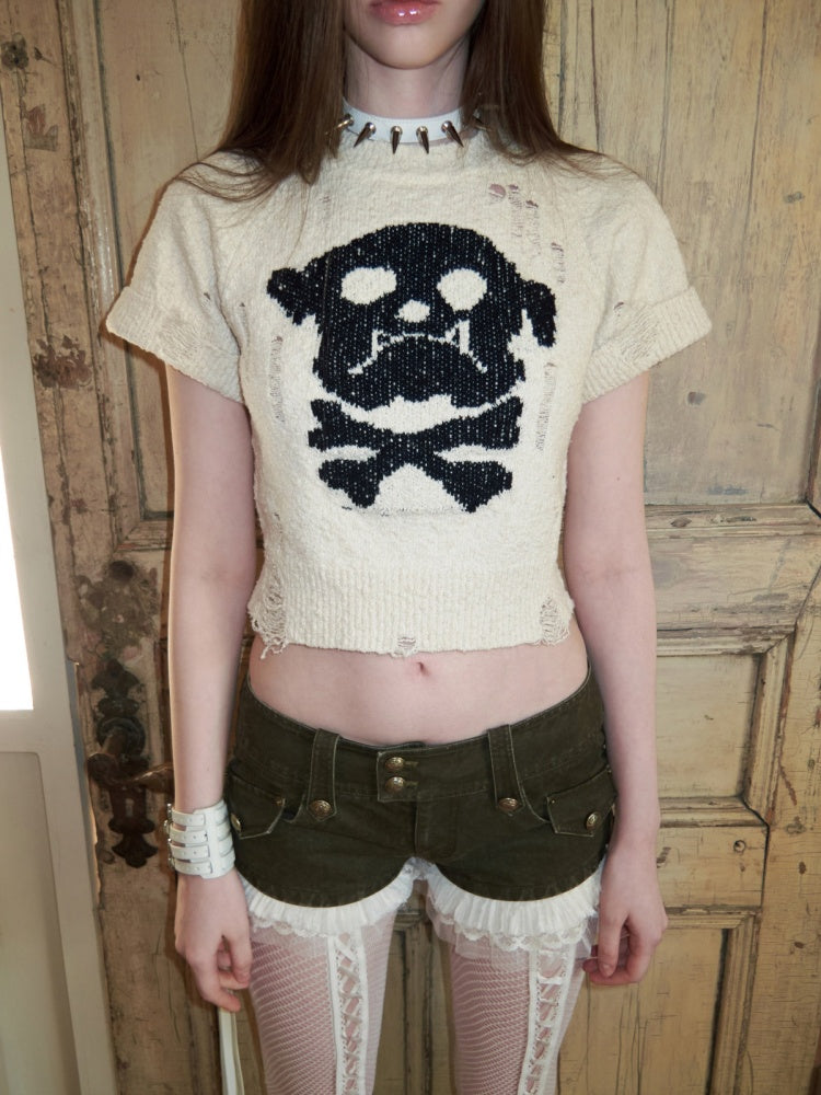 Dog Skull Distressed Knit Jacquard Short Sleeve Sweater【s0000016009】