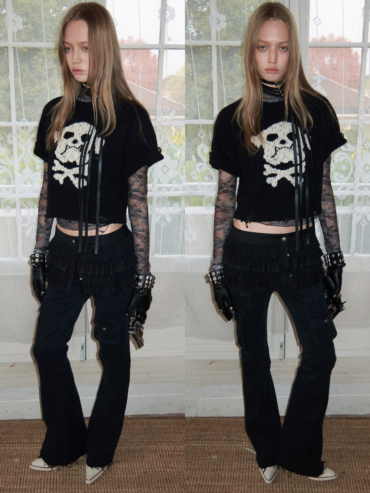 Dog Skull Distressed Knit Jacquard Short Sleeve Sweater【s0000016009】