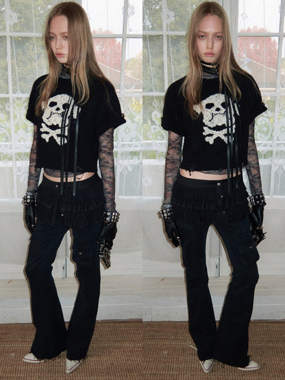 Dog Skull Distressed Knit Jacquard Short Sleeve Sweater【s0000016009】