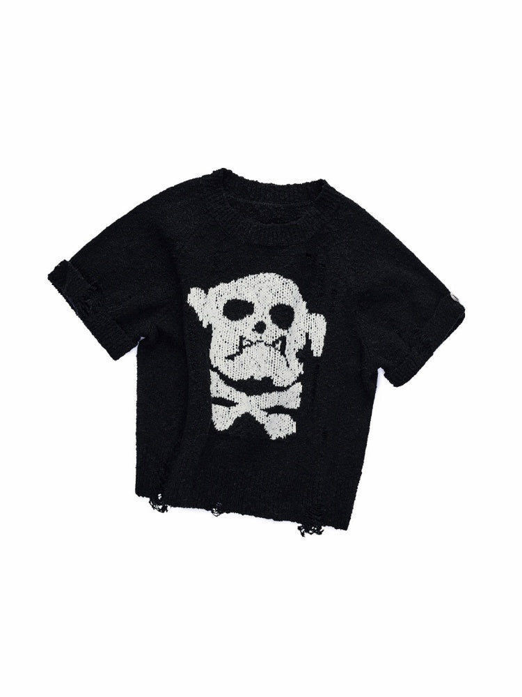 Dog Skull Distressed Knit Jacquard Short Sleeve Sweater【s0000016009】