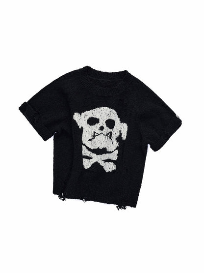 Dog Skull Distressed Knit Jacquard Short Sleeve Sweater【s0000016009】