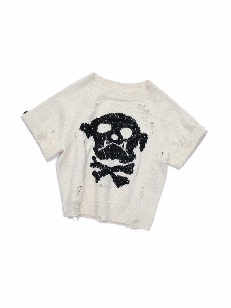Dog Skull Distressed Knit Jacquard Short Sleeve Sweater【s0000016009】