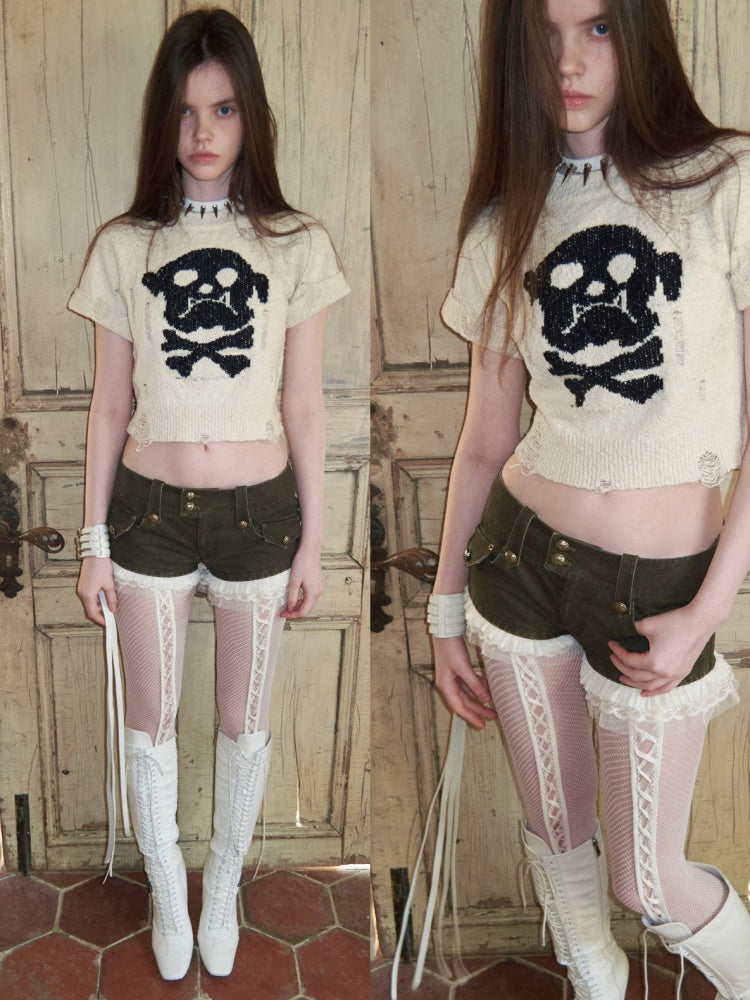Dog Skull Distressed Knit Jacquard Short Sleeve Sweater【s0000016009】