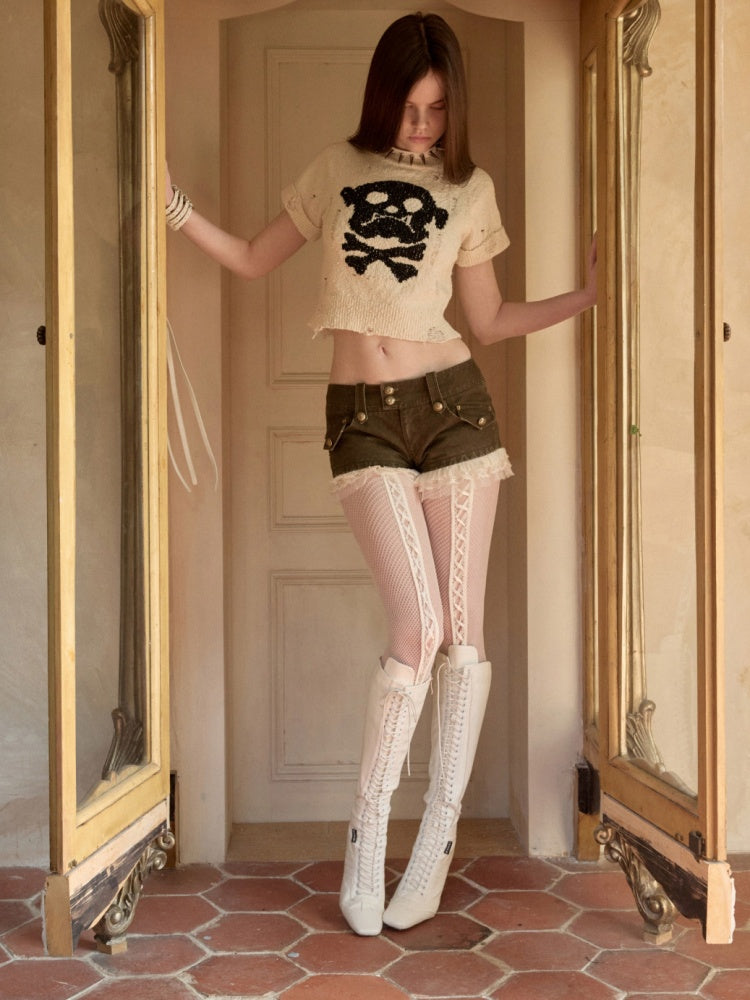 Dog Skull Distressed Knit Jacquard Short Sleeve Sweater【s0000016009】