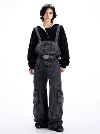 Detachable Suspender Washed Multi-pocket Cargo Jeans【s0000004185】