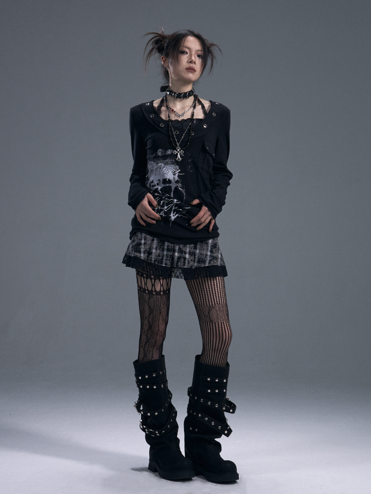 Punk Halter Neck Fake Two-Piece Graphic Long Sleeve T-Shirt 【s0000011878】