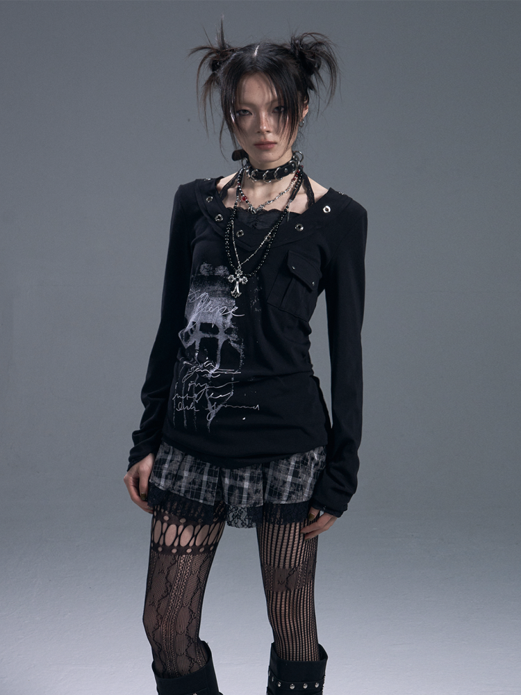 Punk Halter Neck Fake Two-Piece Graphic Long Sleeve T-Shirt 【s0000011878】