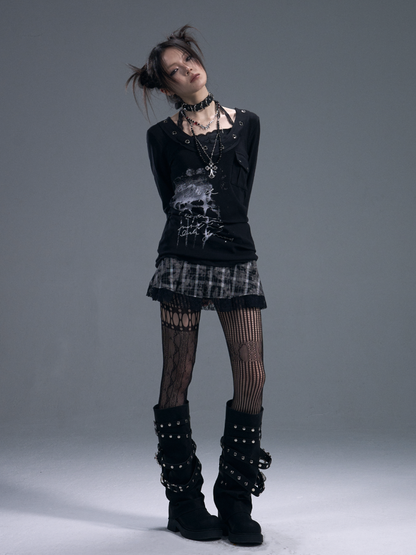 Punk Halter Neck Fake Two-Piece Graphic Long Sleeve T-Shirt 【s0000011878】