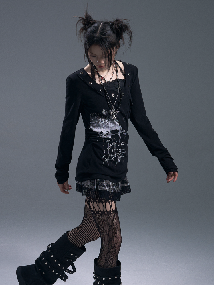 Punk Halter Neck Fake Two-Piece Graphic Long Sleeve T-Shirt 【s0000011878】