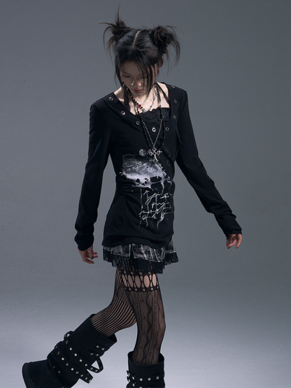 Punk Halter Neck Fake Two-Piece Graphic Long Sleeve T-Shirt 【s0000011878】