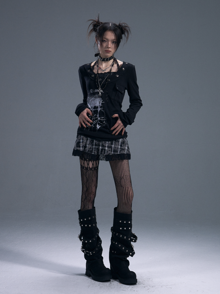 Punk Halter Neck Fake Two-Piece Graphic Long Sleeve T-Shirt 【s0000011878】