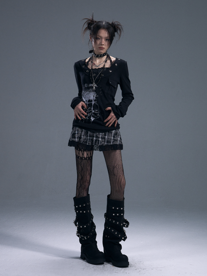 Punk Halter Neck Fake Two-Piece Graphic Long Sleeve T-Shirt 【s0000011878】