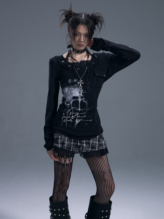 Punk Halter Neck Fake Two-Piece Graphic Long Sleeve T-Shirt 【s0000011878】