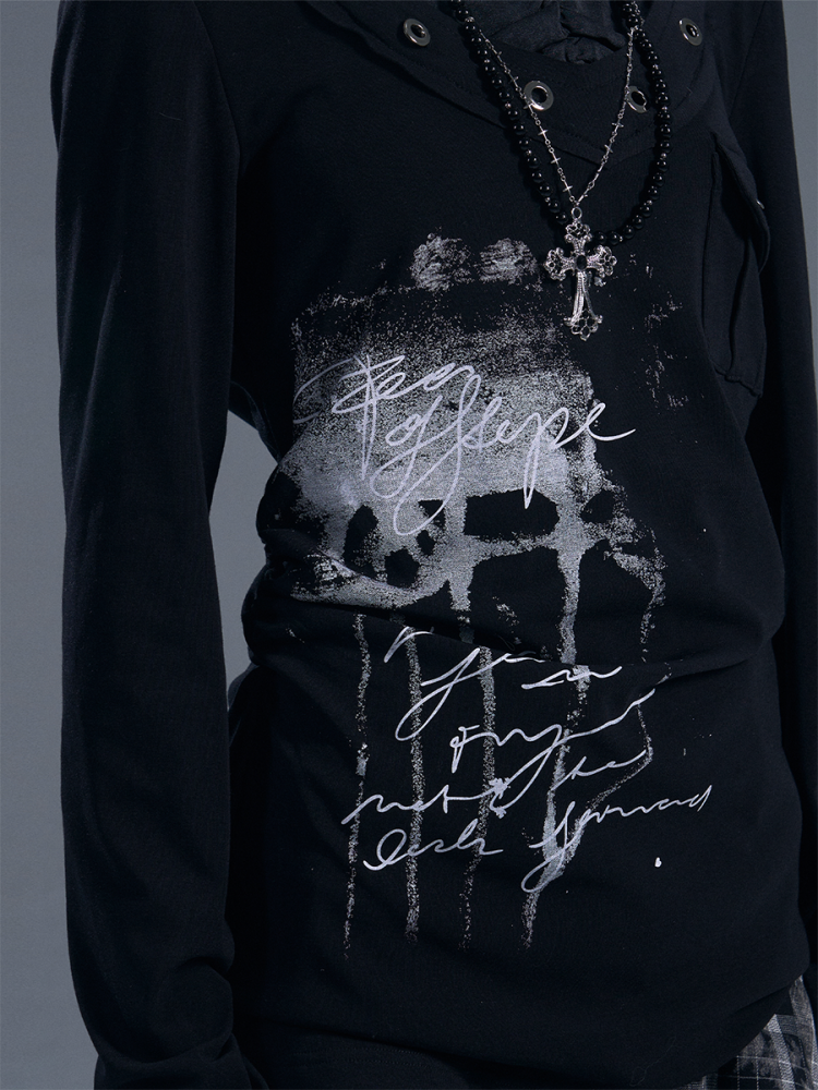 Punk Halter Neck Fake Two-Piece Graphic Long Sleeve T-Shirt 【s0000011878】