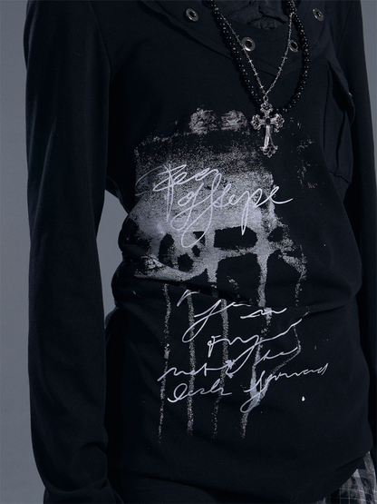 Punk Halter Neck Fake Two-Piece Graphic Long Sleeve T-Shirt 【s0000011878】