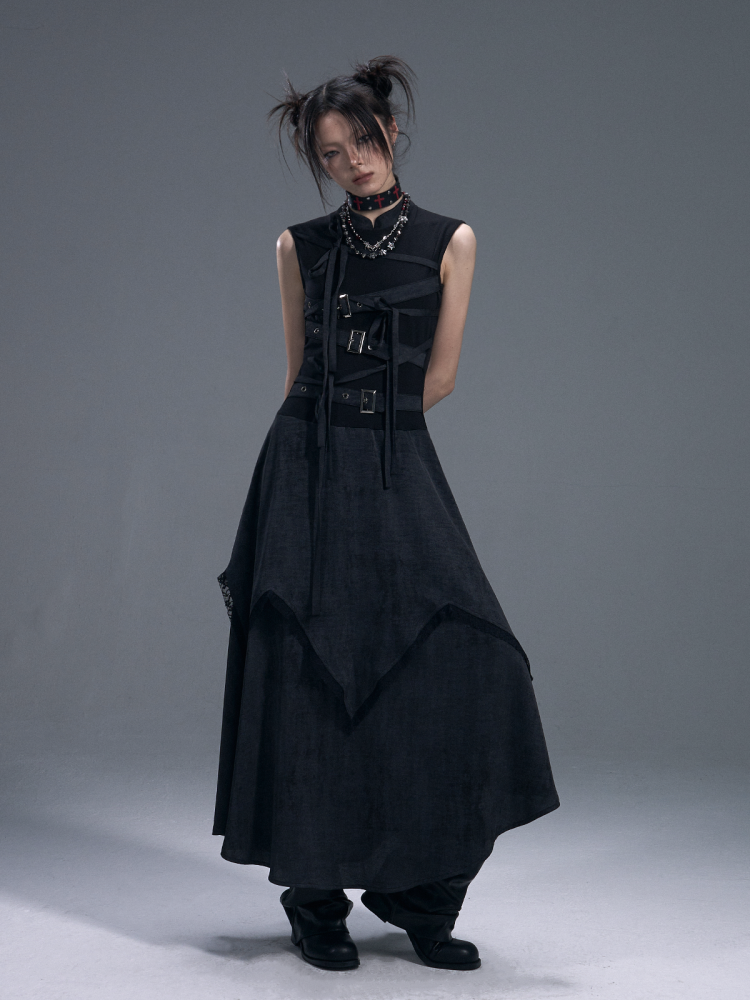 Punk Chinese Tie Irregular Hem Sleeveless Maxi Dress【s0000011879】