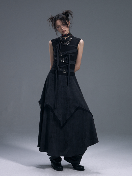 Punk Chinese Tie Irregular Hem Sleeveless Maxi Dress【s0000011879】
